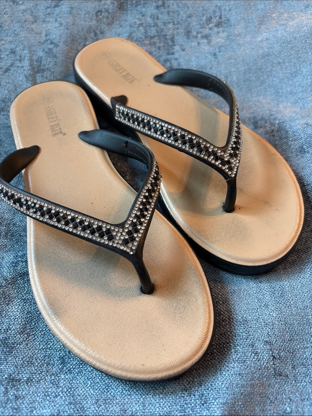 Ashley Blue Black Jeweled Thong Sandals with Cream Footbed